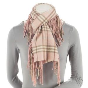BURBERRY Happy Fringe Cashmere Plaid Scarf, Pink